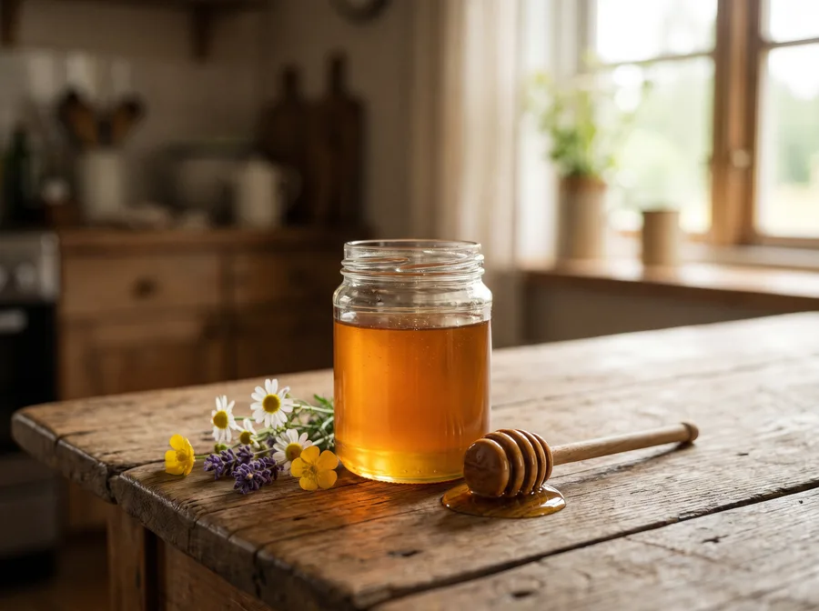 A jar of golden honey on a rustic wooden table in warm daylight