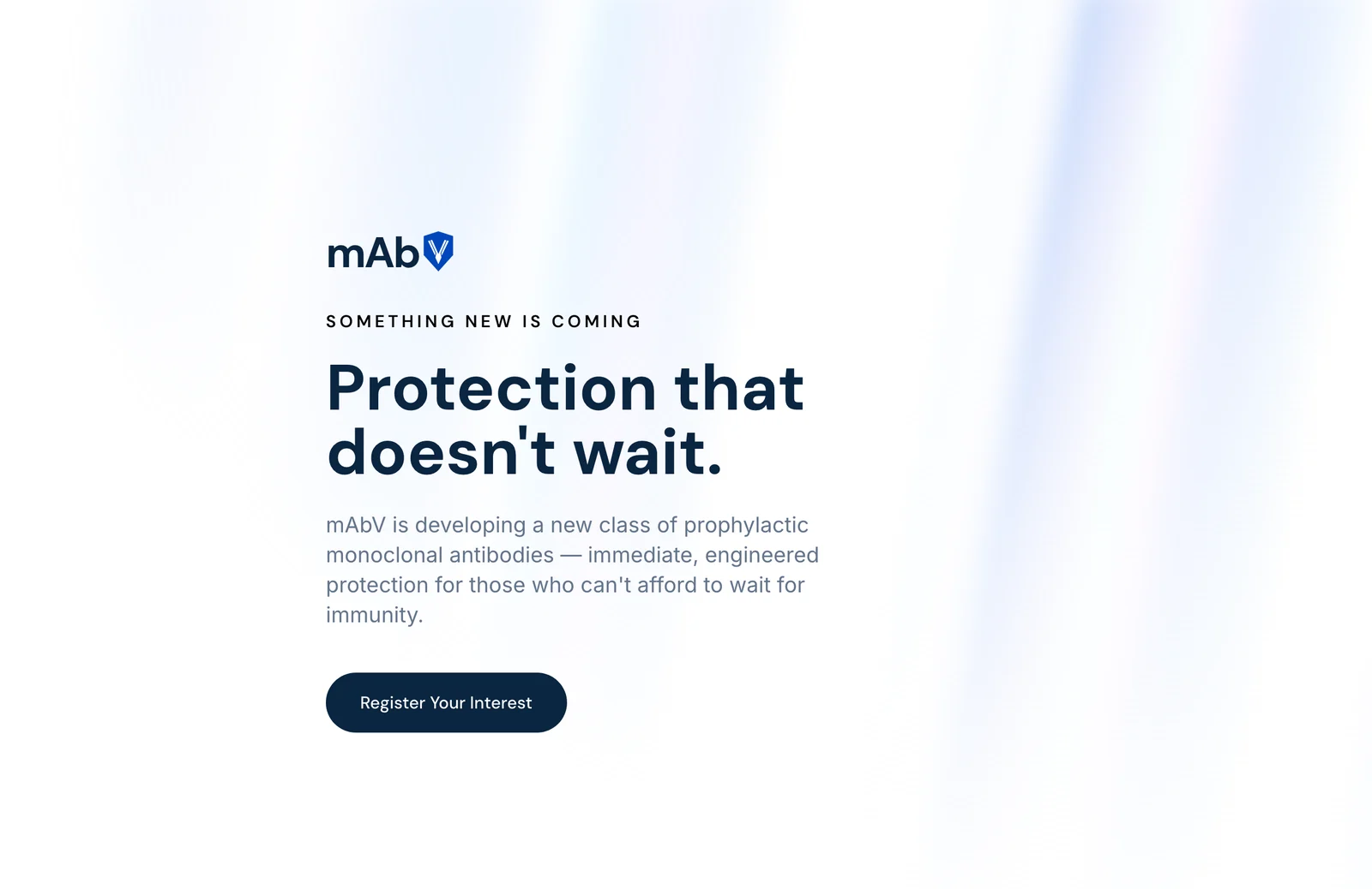 Strona docelowa mAbV — hero 'Protection that doesn't wait' z wezwaniem Register Your Interest