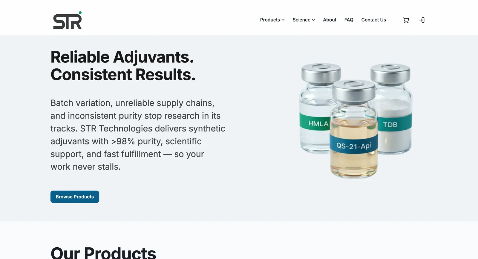 Sklep STR Technologies — hero 'Reliable Adjuvants. Consistent Results.' z produktami adiuwantów