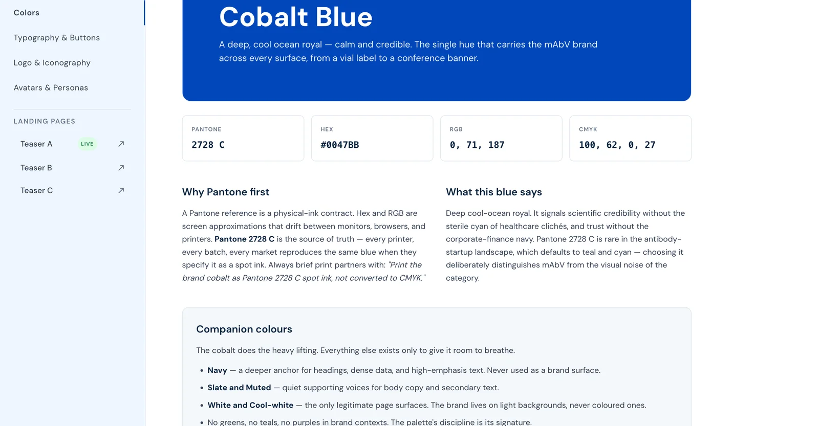 mAbV design system — Cobalt Blue colour palette